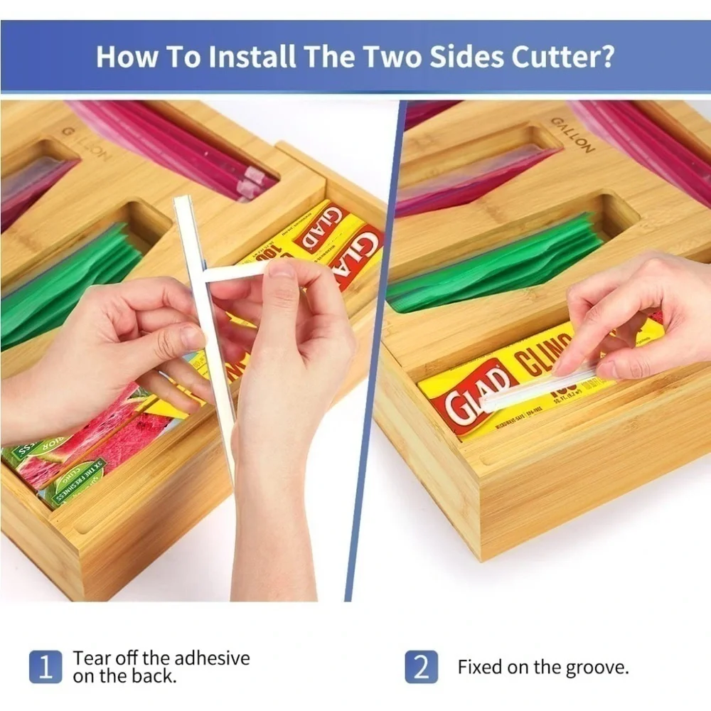 Brand New Ziploc Bag Storage Organizer Bamboo Expandable Wrap Dispenser & Cutter